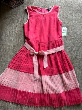 Nautica Girls' Pink and Light Pink Pleated Tiered Dress with Waist Tie